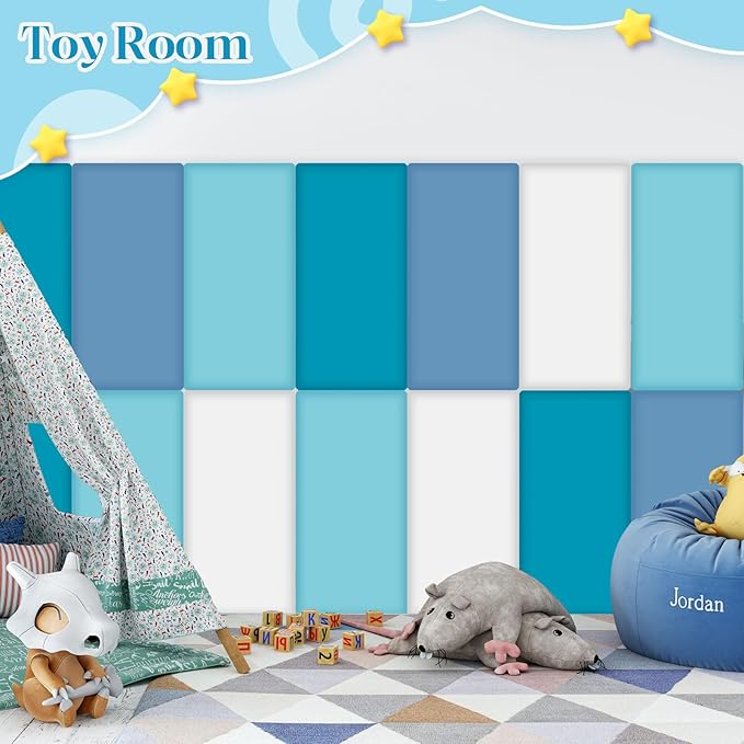 8 Pack Wall Padding for Playroom Peel and Stick Headboard 15.75" x 7.87" x 1.18" 3D Anti Collision Upholstered Wall Panels Self Adhesive Headboard Panel for Protection (Blue Colors)