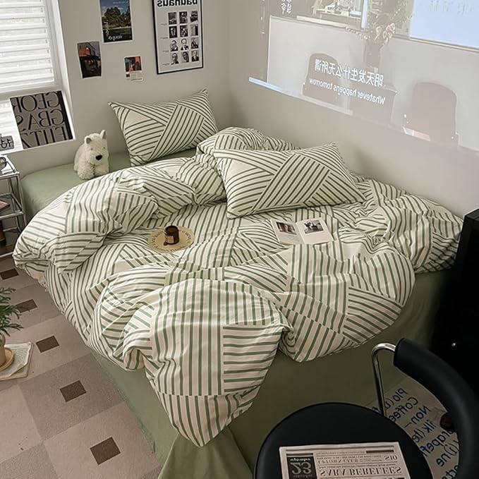 VM VOUGEMARKET Cotton Duvet Cover Set Queen,Green Stripes Geometric Bedding Set (1 Stripes Duvet Cover+2 Pillowcases) Simple Modern Men Comforter Cover with Zipper Closure