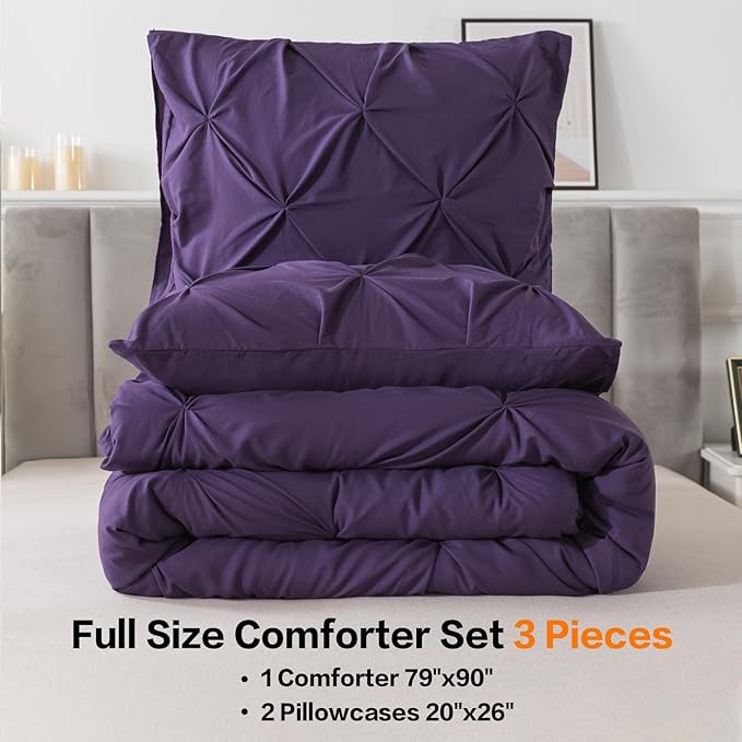 Andency Purple Comforter Full(79x90Inch), 3 Pieces(1 Pintuck Comforter and 2 Pillowcases) Microfiber Pinch Pleat Comforter Set Twin Size, Lightweight and Soft Bedding Comforter Set
