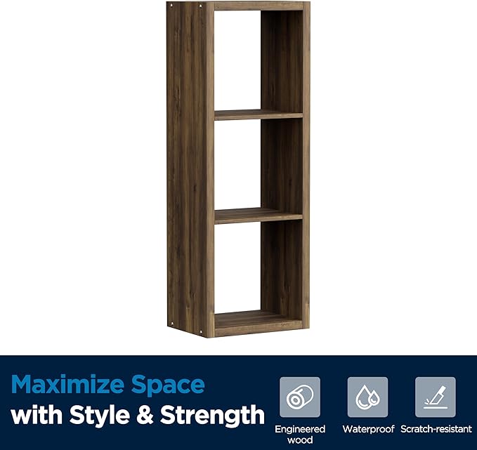 3 Cube Storage Organizer Single Row, Cube Shelf with Heavy-Duty Thick Boards, 13.31" L x 9.37" W x 36.93" H, Smooth Easy-Clean Panels, Simple Assembly, for Living Room Bedroom Office, Brown