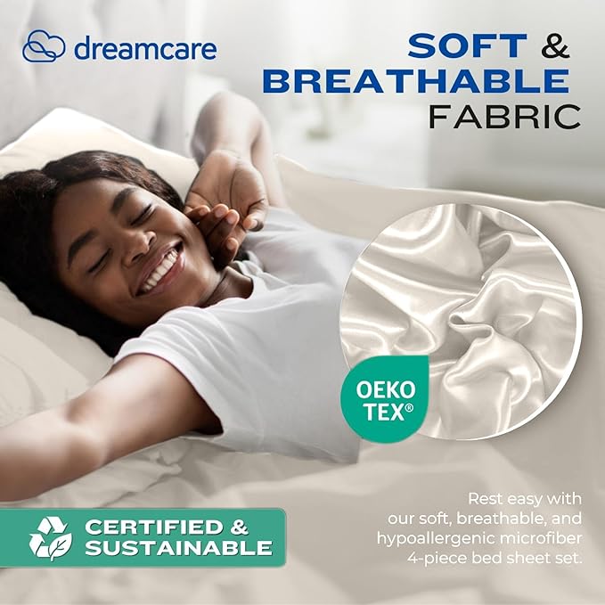 DREAMCARE Full Size Sheets – 4 pcs Cooling Sheets – up to 21” Deep Full Sheet Set – Hotel Luxury Sheets & Pillowcases – Superior Softness 100% Fine Microfiber with Side Pocket – Ivory DREAMCARE