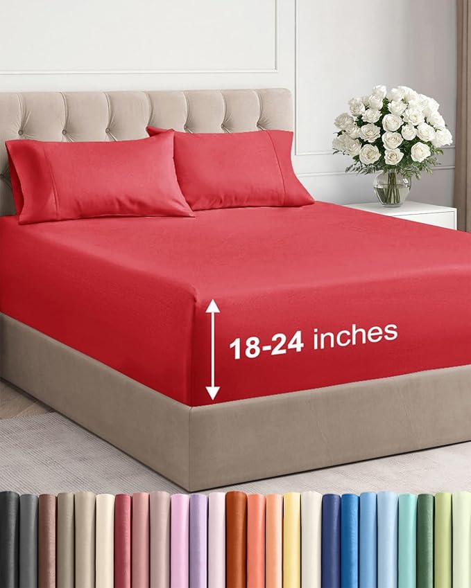 Extra Deep Pocket Full Sheets - 4 Piece Breathable & Cooling Bed Sheets - Hotel Luxury Bed Sheet Set - Soft, Wrinkle Free & Comfy - Easily Fits Extra Deep Mattresses - Deep Pocket Red Sheets Set