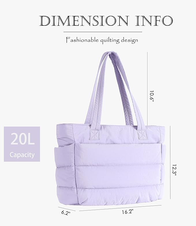 Puffer Tote Bag for Women, Cute Quilted Carryall with Zippered Compartments Shoulder Bag Handbag for Work, Travel, Gym