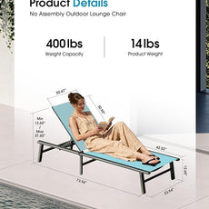 Ciokea Upgraded Aluminum Outdoor Lounge Chair - No Assembly Needed, Foldable Patio Chaise Lounge with 5 Adjustable Positions, Reinforced Frame for Extra Durability, Pool Beach Lounge Chair,Lake Blue