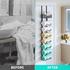 HapiRm Over The Door Towel Rack - 8 Tier Wall Mount Rolled Towel Holder Storage Organizer Shelf with Storage Basket for Small Bathroom, Rv, Camper - Black