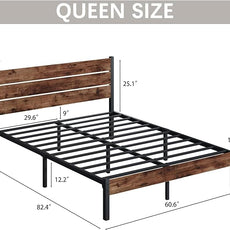 Queen Bed with Headboard and Footboard, with Under Bed Storage, All-Metal Support System, No Box Spring Needed, Easy Assembly,Retro Brown