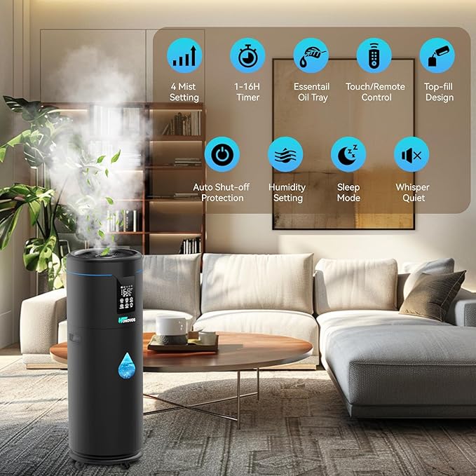 Humidifiers for Large Room Home Bedroom 2000 sq.ft. 17L/4.5Gal Large Humidifier with Extension Tube & 4 Speed Mist,Top Fill Wholehouse Humidifier with 360°Nozzle for Plant Commercial Greenhouse(Black)