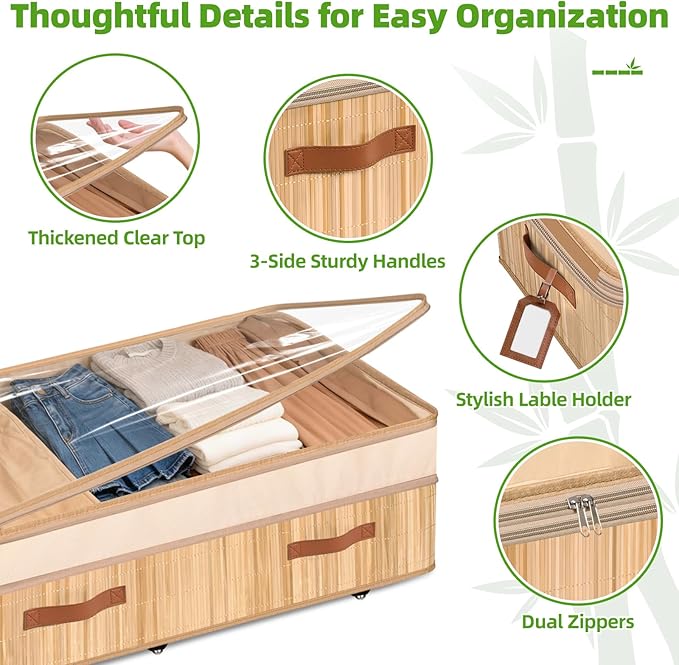 Livole Bamboo Under Bed Storage with Wheels, 6-10 inches Height Adjustable Underbed Storage Containers, 92L XXXL Large Rolling Under Bed Storage Bins for Clothes, Blankets, Sweater, Shoes, 1 Pack