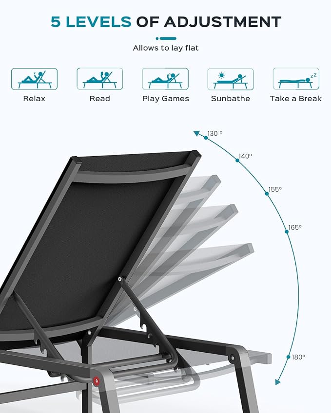 Patio Chaise Lounge Chair Set of 4, Foldable Lounge Chair for Outside, Aluminum Chairs with 5 Adjustable Backrest, Outdoor Pool Lounger for Poolside, Lawn, Patio, Black