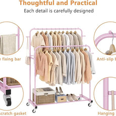 Laiensia Double Rods Garment Rack with Wheels, Clothing Rack for Hanging Clothes,4 Hooks, Multi-Functional Bedroom Clothes Rack, Pink