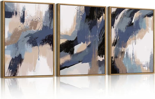 BINCUE Blue Neutral Wall Art Modern Abstract Artwork for Living Room Bedroom Office 12" Lx16 W Set of 3
