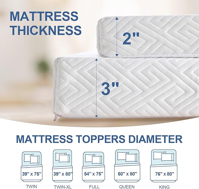3 Inch Memory Foam Mattress Topper Twin XL, Memory Foam Pad with Removable & Washable Cover, Bed Topper for Back Pain, Non-Slip Ventilated Design, Twin XL Size