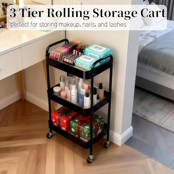 3 Tier Rolling Storage Cart for Kitchen Storage & Laundry Room Organization, Large Capacity Metal Utility Cart on Wheels and 4 Hooks for Art Lash Craft Bedside, Sturdy Nursery Organizer, Black