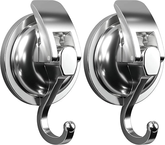 Heavy Duty Vacuum Suction Cup Hooks, Silver Plated Polished Super Suction for Kitchen Bathroom, 2 Pack