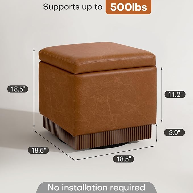 Square Ottoman with Storage,Swivel Vanity Stool-Faux Leather Foot Rest,Upholstered Footstool Pouf with Sturdy Acacia Wood Frame(500lbs),Small Coffee Table & Hidden Storage for Living Room