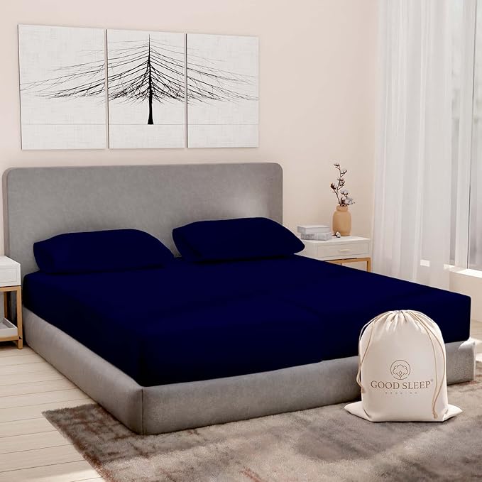 Good Sleep Bedding Split King Cotton Sheets Set for Adjustable Bed - Luxury Egyptian Cotton, 5 Piece, Sateen, 2 Fitted with 16" Deep Pocket, Navy Blue GoodSleepBedding