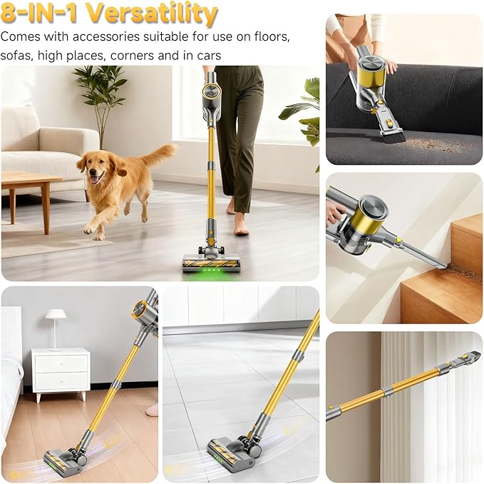 Cordless Stick Vacuum Cleaner - 45KPA Powerful Suction Vacuum with 45 Min Runtime, Detachable Battery, Anti-Tangle & 1.5L Dust Cup, 8 in 1 Vacuum Cleaner for Pet Hair, Carpet, HardFloor, Yellow