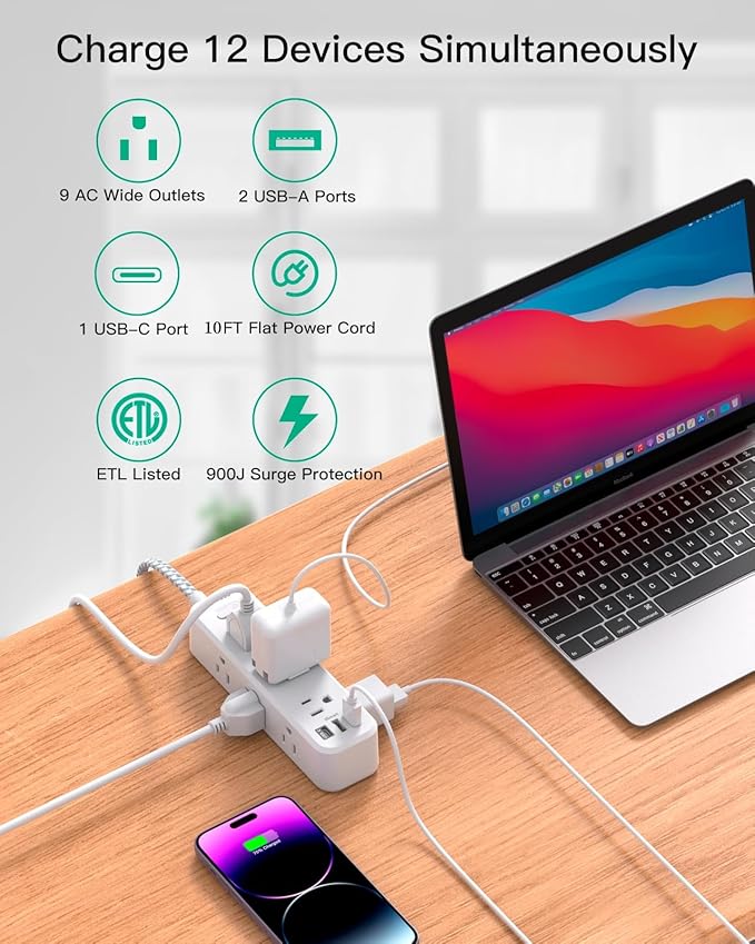 Mifaso Extension Cord, Surge Protector Power Strip, Long Extension Cord with 9 Outlets 3 USB Ports, Extension Cord with Multiple Outlets, USB Power Strip for Dorm Room Essentials, College(10FT, White)