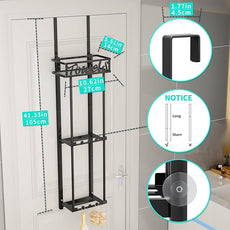HapiRm Towel Rack Bathroom Storage - 3 Tier Over The Door & Wall Mounted Rolled Towel Racks Holder Organizer with Metal Shelf and 6 Hooks for Small Bathroom, Camper, Rv - Black (for 1.77 in Doors)