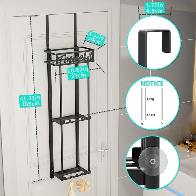 HapiRm Towel Rack Bathroom Storage - 3 Tier Over The Door & Wall Mounted Rolled Towel Racks Holder Organizer with Metal Shelf and 6 Hooks for Small Bathroom, Camper, Rv - Black (for 1.77 in Doors)