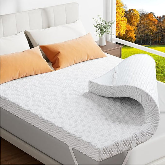 Memory Foam Mattress Topper - 3 Inch Gel Mattress Pad for Pressure Relief, Premium Soft Cooling Sleep Bed Topper, Non-Slip Design with Removable & Washable Cover (White, Queen)