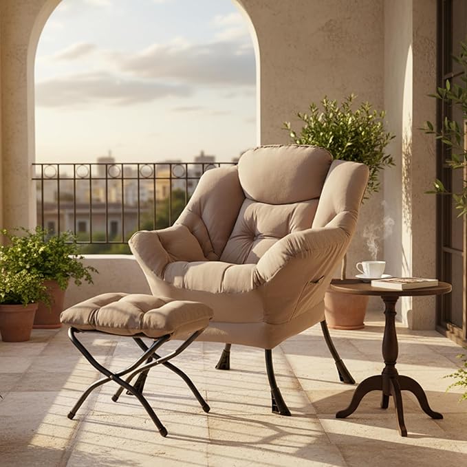 Tiita Lazy Chair with Ottoman, Modern Large Accent Lounge Armchair, Comfy Leisure Sofa Reading Chair with Footrest for Bedroom, Living Room, Dorm Rooms, Garden and Courtyard, Velvet Khaki