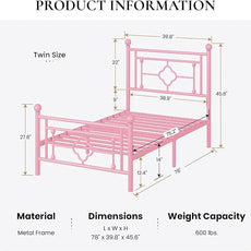 SHA CERLIN 14 Inches Twin Size Metal Platform Bed Frame/Vintage Iron-Art Headboard and Footboard/Mattress Foundation for Storage/No Box Spring Needed/Noise-Free/Easy Assembly/Pink