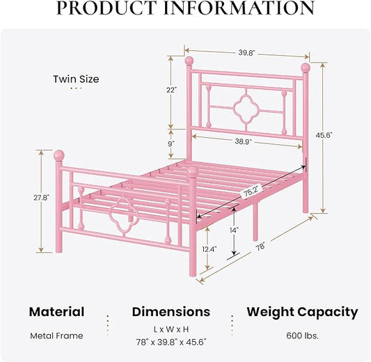 SHA CERLIN 14 Inches Twin Size Metal Platform Bed Frame/Vintage Iron-Art Headboard and Footboard/Mattress Foundation for Storage/No Box Spring Needed/Noise-Free/Easy Assembly/Pink