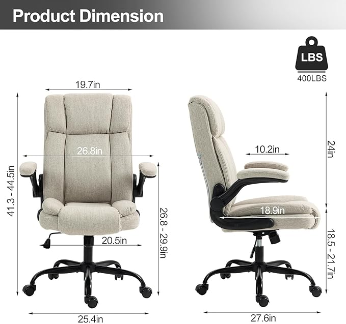 Office Chair High Back Ergonomic Executive Computer Desk Chair Comfortable Fabric Padded Home Office Desk Chairs with Flip-up Arm Rest Adjustable Height Swivel Wheels (Beige)