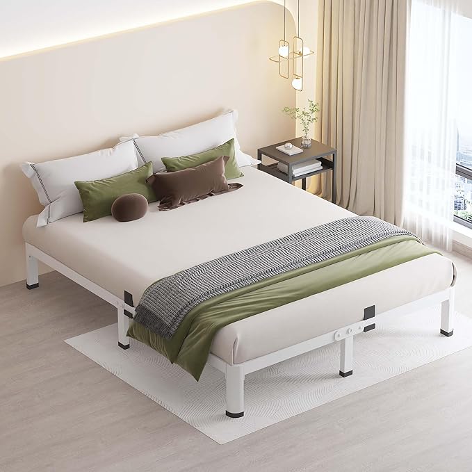 MAF 10 Inch King Size Bed Frame White with Round Corner Legs Mattress Slide Stopper No Box Spring Needed Heavy Duty Metal Platform Bed Frames Under-Bed Storage Space, 3000 LBS Steel Slats Support