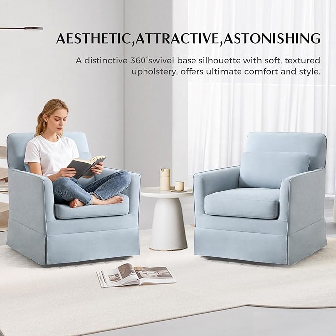 INZOY Swivel Accent Chair Set of 2, Mid Century Modern Chair with Washable Detachable, Comfy Swivel Barrel Reading Chair, Upholstered Square Chair for Living Room Bedroom Small Spaces, Sky Blue
