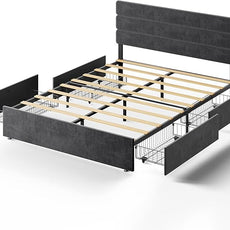 WLIVE Queen Size Upholstered Bed Frame with 4 Storage Drawers and Headboard, Velvet Platform Bedframe, Sturdy Metal & Wooden Slats Support, No Box Spring Needed, Easy Assembly, Dark Grey