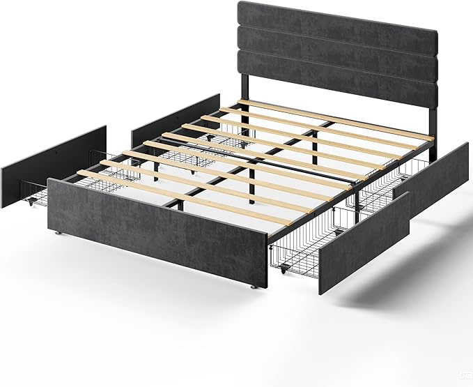 WLIVE Queen Size Upholstered Bed Frame with 4 Storage Drawers and Headboard, Velvet Platform Bedframe, Sturdy Metal & Wooden Slats Support, No Box Spring Needed, Easy Assembly, Dark Grey