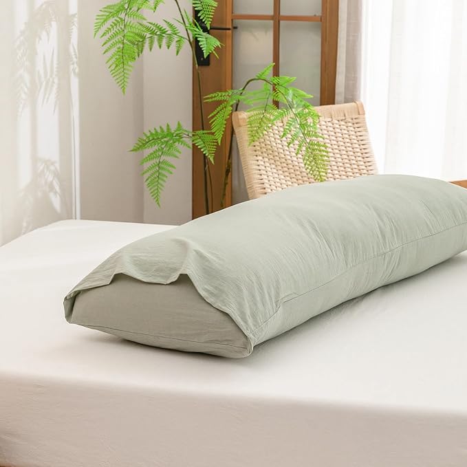 BESTOUCH 100% Washed Cotton Pillowcase for Hair and Skin Linen Feel Soft Comfortable Breathable 1 Pcs Pillow Case with Envelope Closure Solid Sage Green Body 20x54 Inches