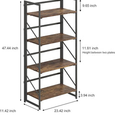 JSB No Assembly Folding Bookshelf, 4 Tier Industrial Metal Book Shelf for Storage, Vintage Wood Foldable Bookcase for Living Room, Bedroom, Office Organization Shelves
