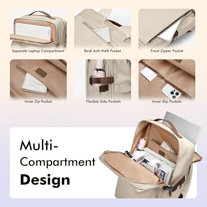 Stylish Laptop Backpack for Women Airline Approved Perfect for Work College and Travel Multi-Functional Casual Daypack Fits 17.3 Inch Notebook (Apricot)