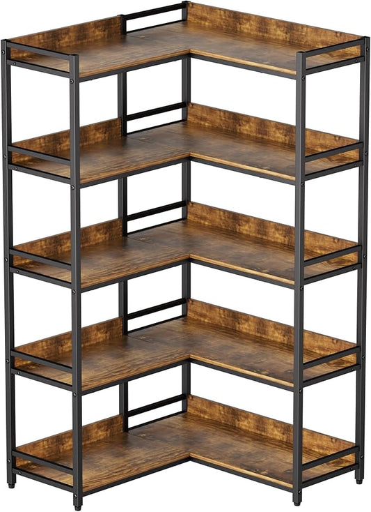 Large 5-Tier Corner Bookshelf - Modern Tall Corner Shelf Storage Display Rack with Sturdy Metal Frame - Perfect for Living Room, Home Office, Books and Decor Display