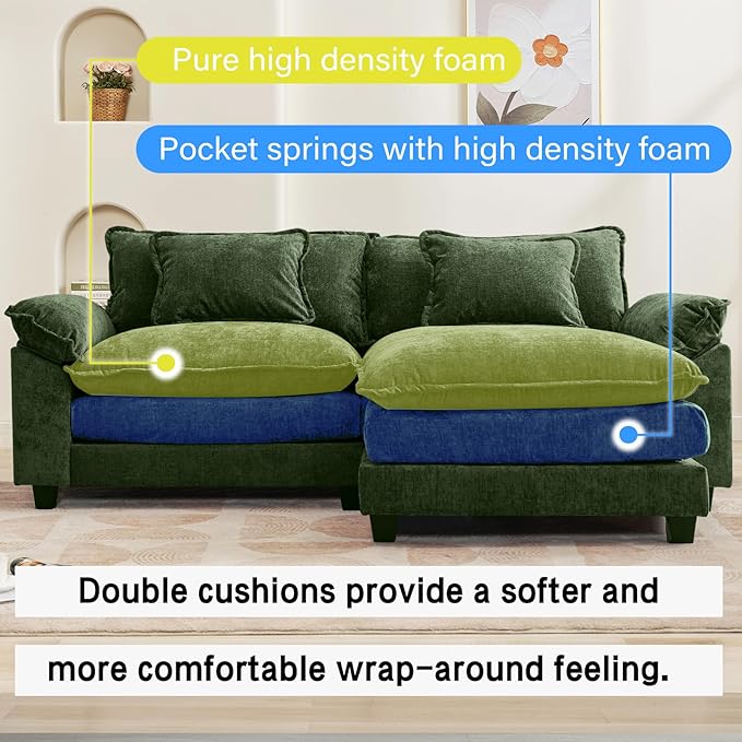 86" Modular Sectional Sofa, Comfy Cloud Couch Sectional Sofa with Ottoman, Chenille Sofa Sleeper Deep Seat Sofa with Throw Pillows for Living Room (Green, 86"- L Shape)