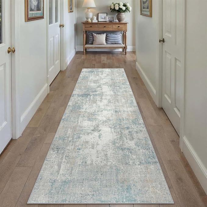 3x10 Washable Runner Rug Blue Cream Abstract Hallway Kitchen Throw Rug Neutral Modern Non Slip Soft Low Pile Lightweight Carpet for Bathroom Laundry Bedroom Living Room