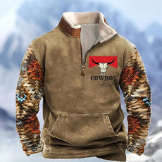 Western Sweatshirts for Men Aztec Cowboy Vintage Graphic Fleece Hoodie Mens Quarter Zip Pullover Country Jacket