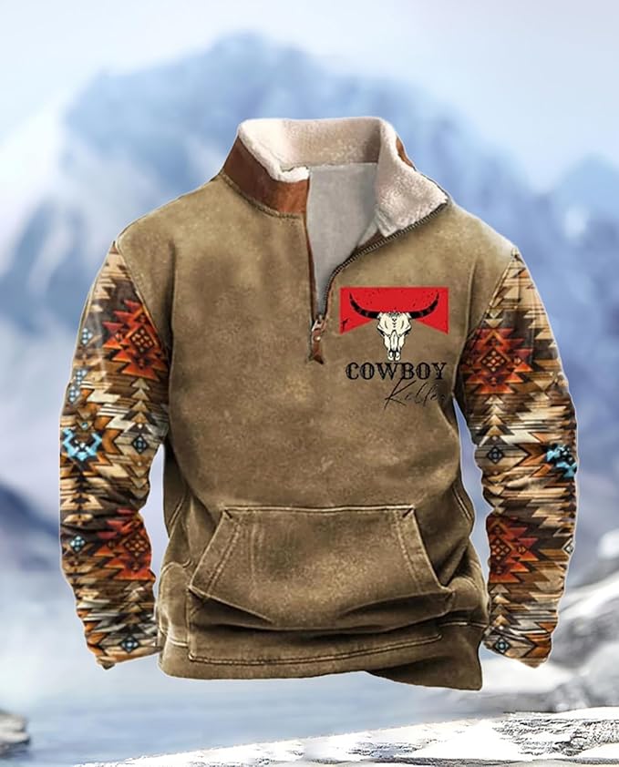 Western Sweatshirts for Men Aztec Cowboy Vintage Graphic Fleece Hoodie Mens Quarter Zip Pullover Country Jacket