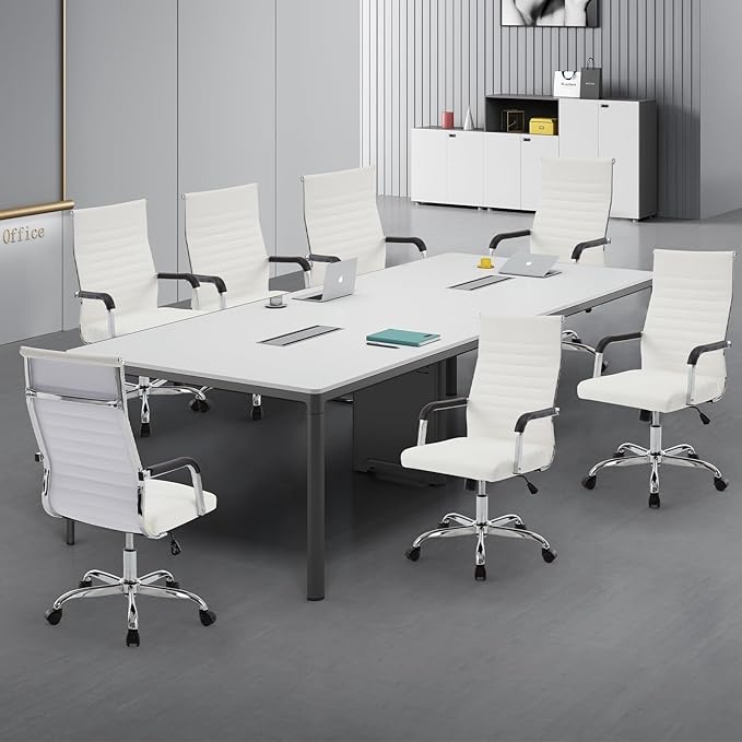 Office Chair, Ergonomic Executive Conference Room Chairs, Ribbed Leather Desk Chair with Lumbar Support, Adjustable Height Mid-Back Swivel Chair (Square Tube Armrests, White)