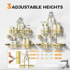 REINHARDT Aluminum Shower Caddy Hanging Adjustable Shower Caddy, Rustproof Hanging Shower Organizer with Hooks Soap Holders, Over Shower Head Caddy for Handheld Showerhead, Gold