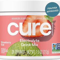 Cure Hydration | Plant-Based Electrolyte Drink Mix | No Added Sugar | FSA-HSA | Dehydration Relief Powder Made with Coconut Water | Non-GMO | Vegan | 28 Servings Jar - Strawberry Kiwi