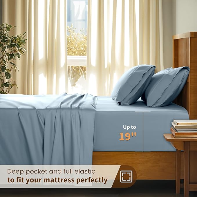 LBRO2M 100% Cotton Sheets Set Deep Pocket 19", 1000 Thread Count Queen Size 4 Piece Bed Sheet Sets Soft Comfortable Bedding All Season (Queen, French Blue) LBRO2MBedding