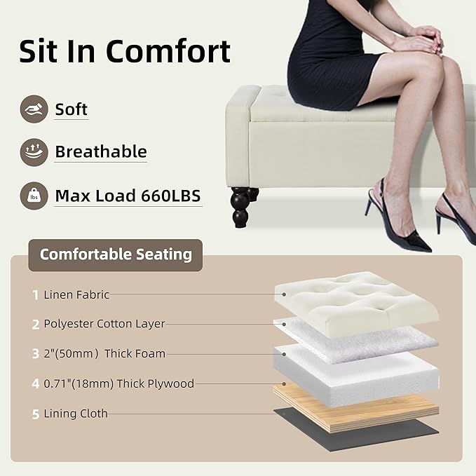 50" W Storage Ottoman Bench with Safety Hinge, Load up to 660 lb Ottoman with Storage, Upholstered Tufted Entryway Bench with Seating for Living Room, Bedroom, Entryway, Beige
