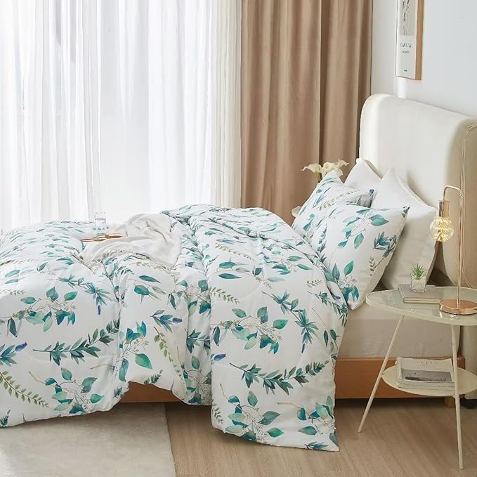MKXI Rustic Floral Comforter Set White and Blue Twin XL Botanical Bedding Comforters Branch Floral Duvet Lightweight Turquoise Leaves Pattern Aesthetic Bed Set 1 Comfortert + 2 Pillowcases