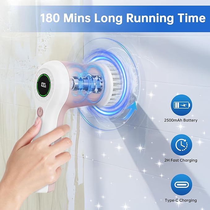 Electric Spin Scrubber, Cordless Shower Scrubber with Battery Level Display, 2 Speeds Electric Scrubber for Cleaning with 6 Replaceable Heads, Cleaning Brush for Bathroom/Sink/Window (Pink)