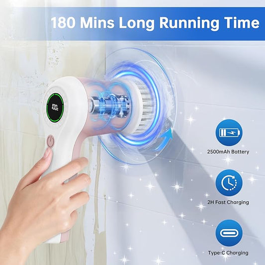 Electric Spin Scrubber, Cordless Shower Scrubber with Battery Level Display, 2 Speeds Electric Scrubber for Cleaning with 6 Replaceable Heads, Cleaning Brush for Bathroom/Sink/Window (Pink)