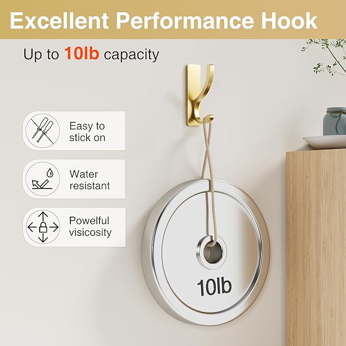 pickpiff 10-Pack Adhesive Wall Hooks for Towels - Sticky Hook Hanging Heavy Duty (13lb), Hanger for Door, Bathroom, Dorm, Closet - for Coats, Purse, Bag, Robe - No Damage to Wall - Brushed Gold